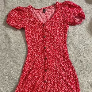 Puff sleeve red floral dress